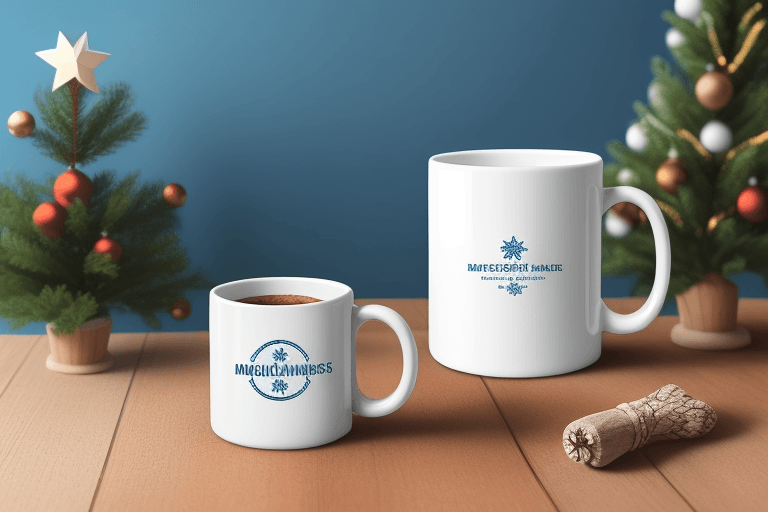AI generated: mockup photo white mug with wery small logo 11oz white mug on a wooden texture table chrismas colour...