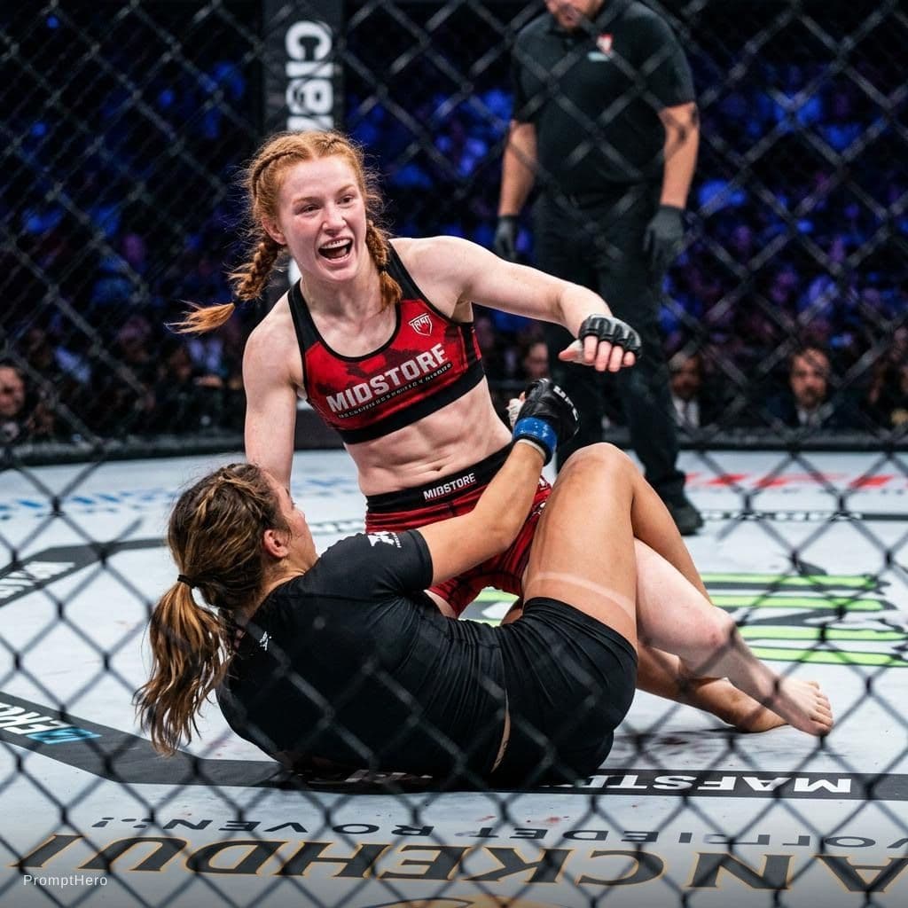 AI generated: An intense women's MMA bout, player one a red hair in two braids going to the back of her head to he...