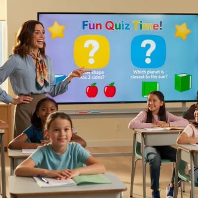 AI generated video: A friendly and interactive classroom scene. A female school teacher with a warm smile is standing ne...