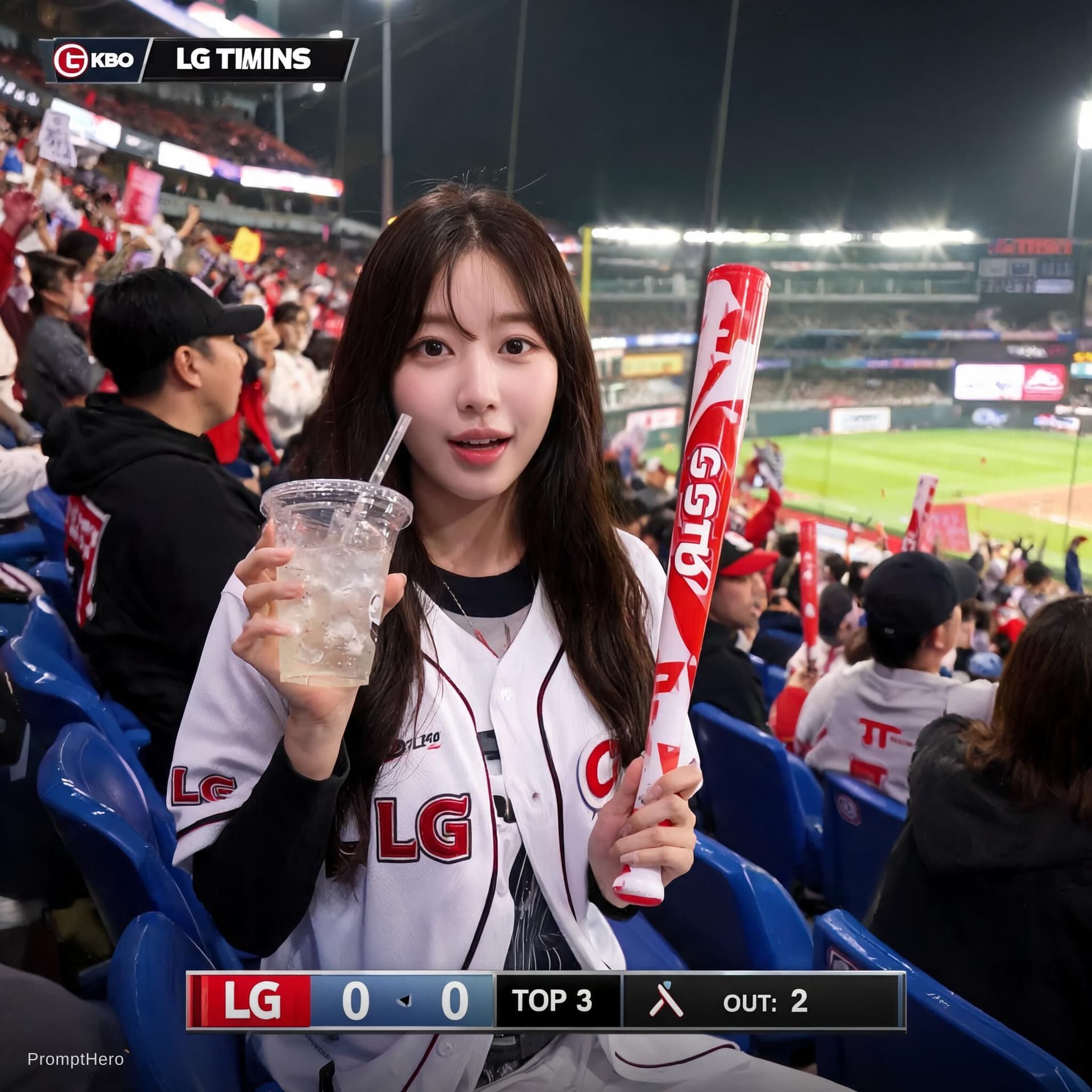 AI generated: Create an ultra-realistic candid KBO baseball broadcast screenshot of the same woman accidentally ca...