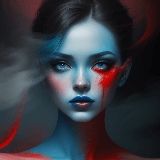 AI generated: portrait of a woman covered in cloud of smoke, whirlwind, blue highlight colors, red make-up, hints ...