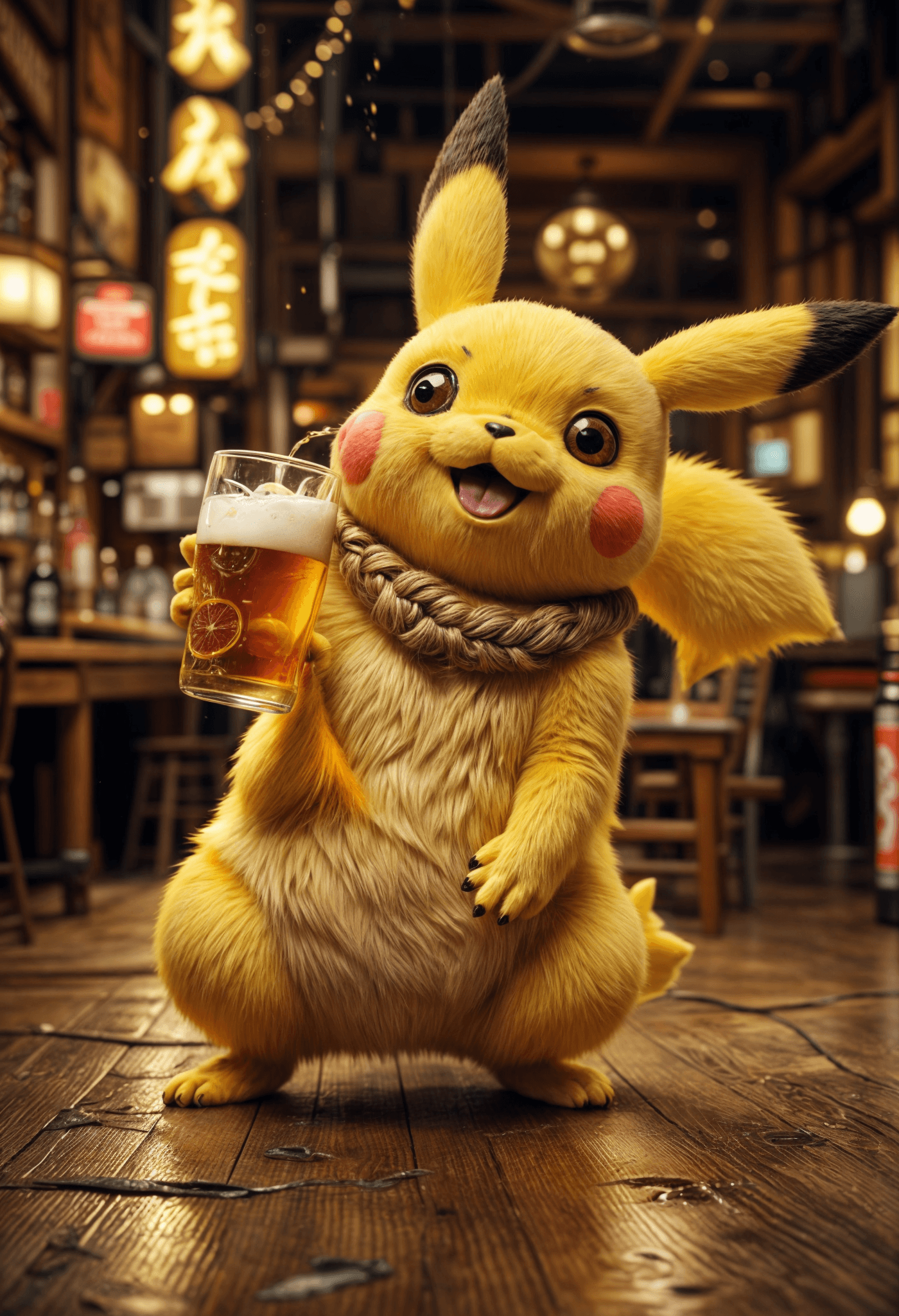 AI generated: drunken pikachu, drink a beer,dynamic lights,intricate de,funny