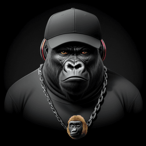 AI generated: gorilla in rap style in headphones, on a black background, sweatshirt, hat, chain around his neck