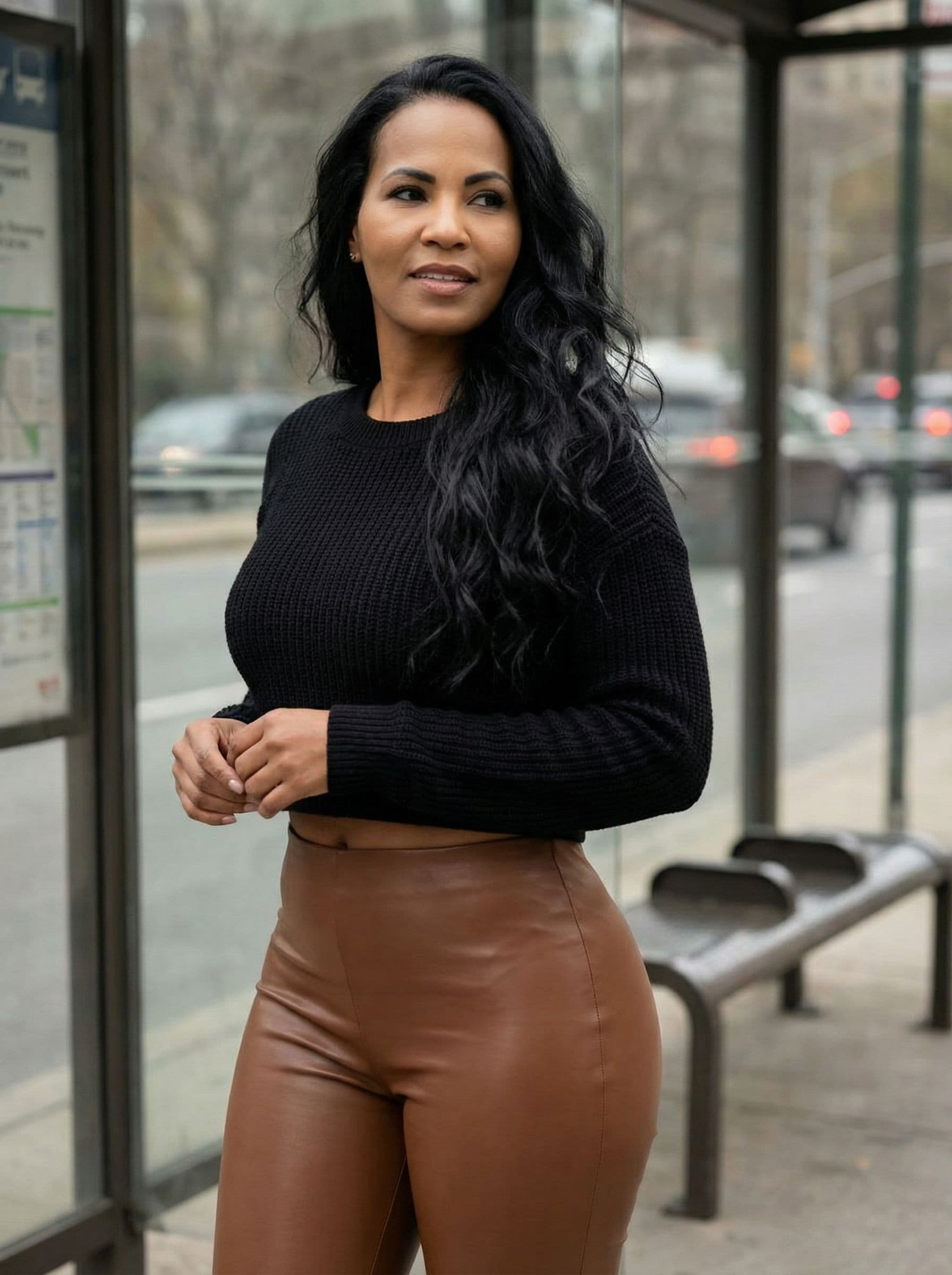 AI generated: a woman wearing a cropped top and leather super tight pants standing in front of the bus stop, effec...