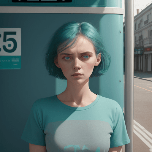 AI generated: woman in heather deep teal t-shirt standing in front of bus stop, Oleg Oprisco style, video, Jocelyn...