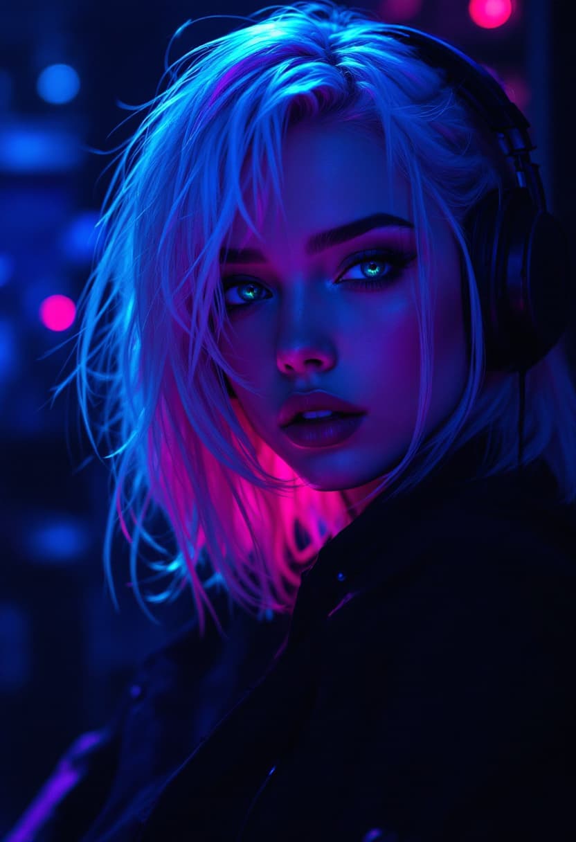 AI generated: Create an anime style girl of cyberpunk rock Music woman Listen twilight, Create an anime style girl...