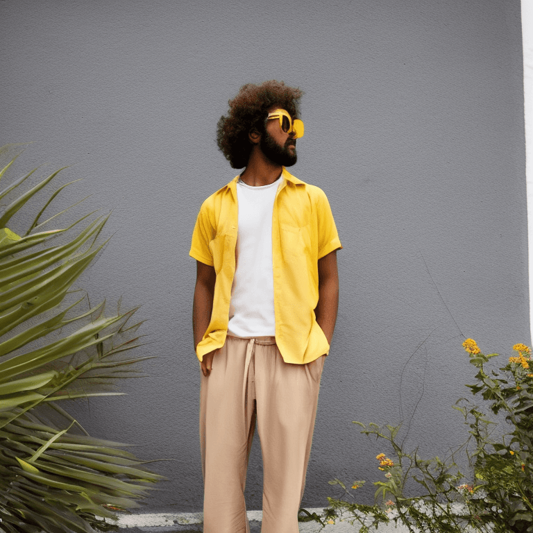 AI generated: A young man, with a Arabian appearance and tousled curly hair, leans against a yellow storefront, hi...