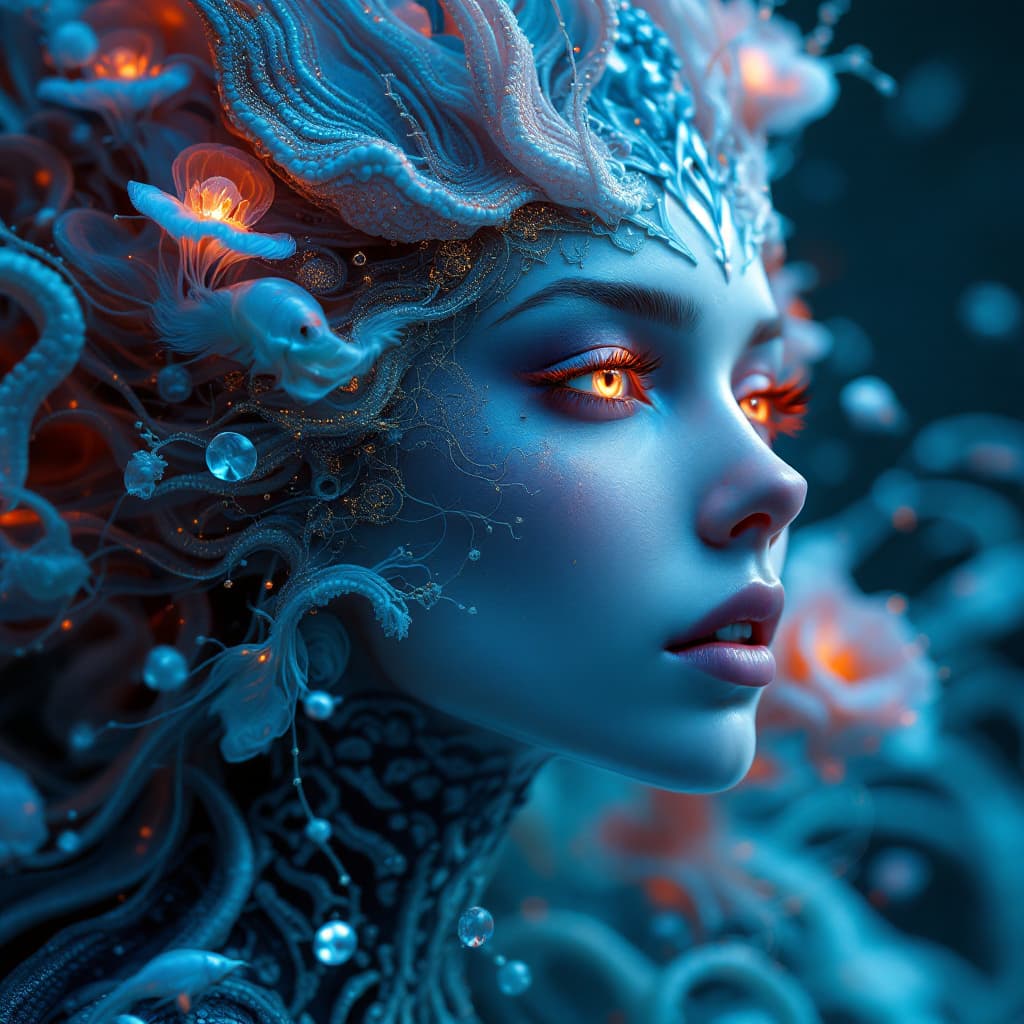 AI generated: Goddess close-up portrait ribcagel. jellyfish phoenix head, nautilus, orchid, skull, betta fish, bio...