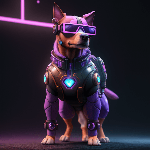 AI generated: an image of dog, standing like human pose, cyberpunk style, wearing cyber glasses, wearing shorts, w...