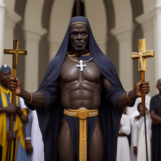 AI generated: Homem mulato, de cerca de 30 anos de idade, da etnia Angola . ao fundo o altar portátil para celebra...