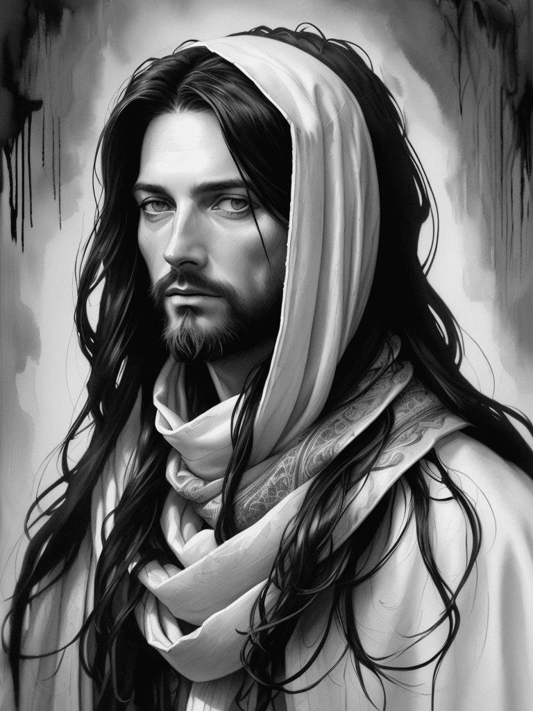AI generated: full portrait of Jesus looking straight, scarf behind head, long hair, white robe, high resolution, ...