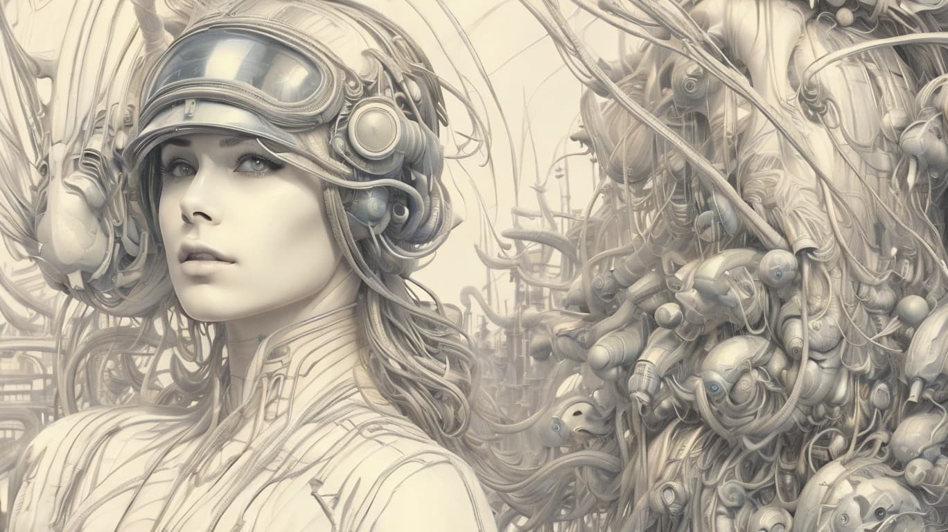 AI generated: mujer soldado futurista, hermosos rasgos, con marcas de una dura batalla, belleza sorprendente, alta...