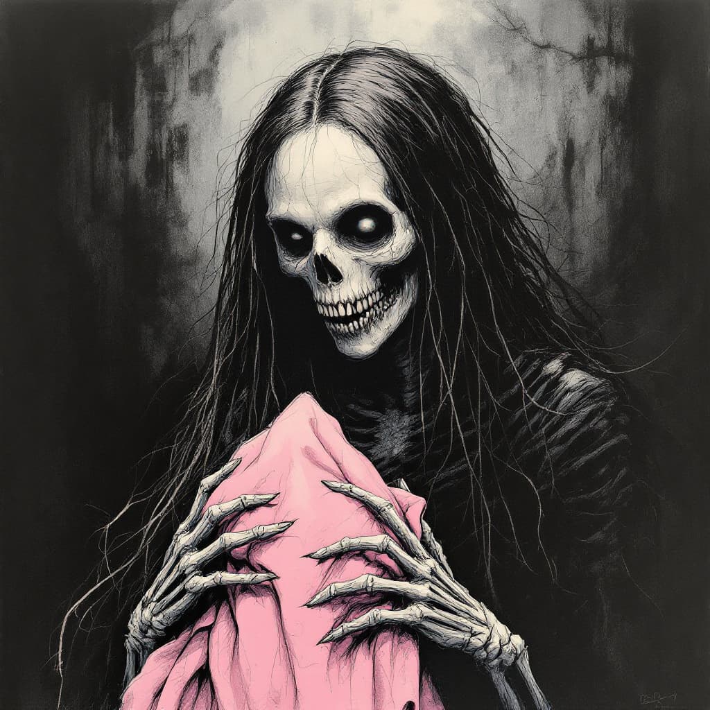 AI generated: black ink drawing of a Terrifying skeletal female figure with long stringy hair , sunken, twisted gr...