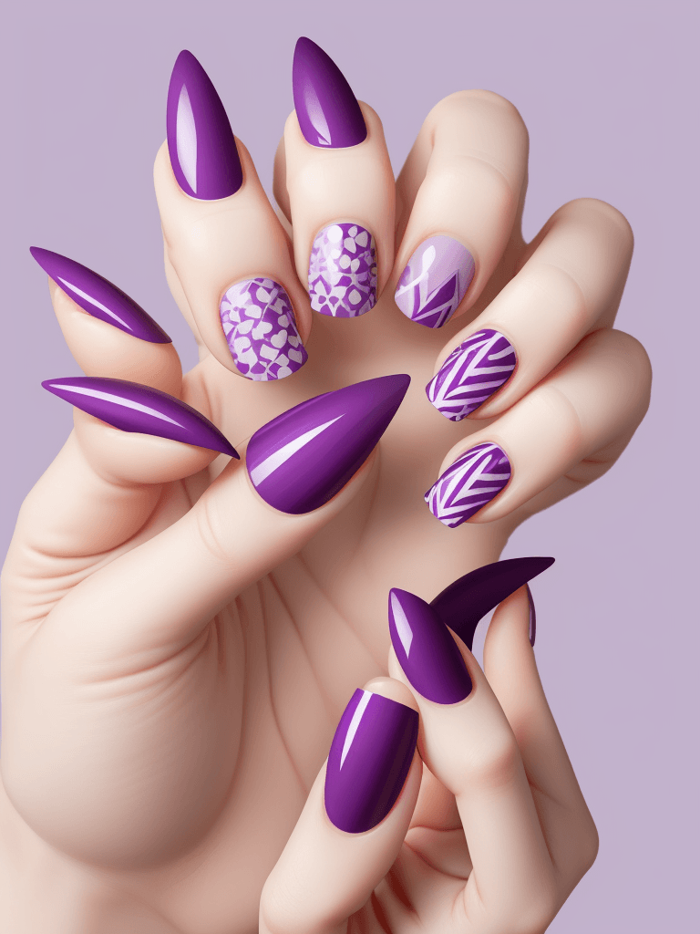 AI generated: one hand, polygel nails, purple color with design, minimalist realistic image