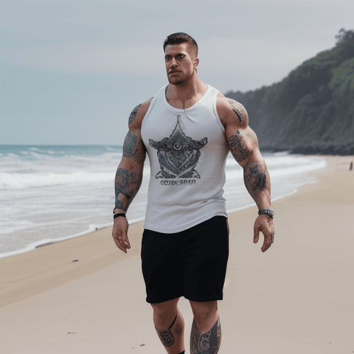 AI generated: Imperfect Streetstyle photo of big muscular, muscular tattoo biceps, 28 year old dressed casually in...