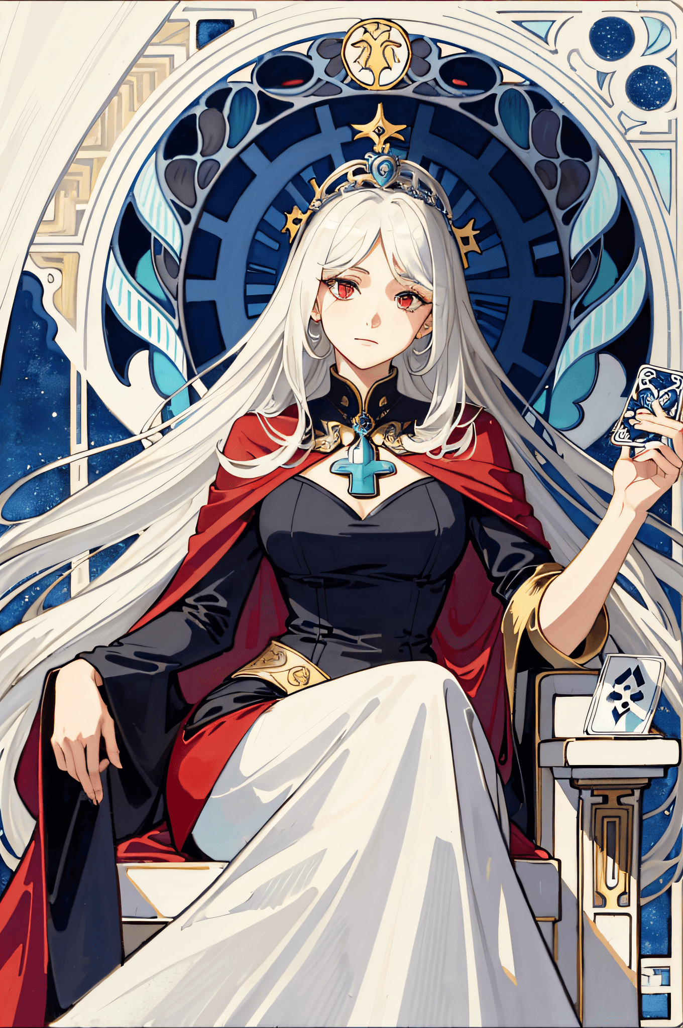 AI generated: ((masterpiece:1.2, best quality)), 1aldy, solo, (the empress:1.15), platinum blonde, long hair, red ...