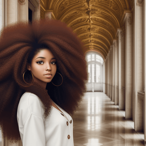 AI generated: woman with brown eyes and medium long afro hair in a building in Paris