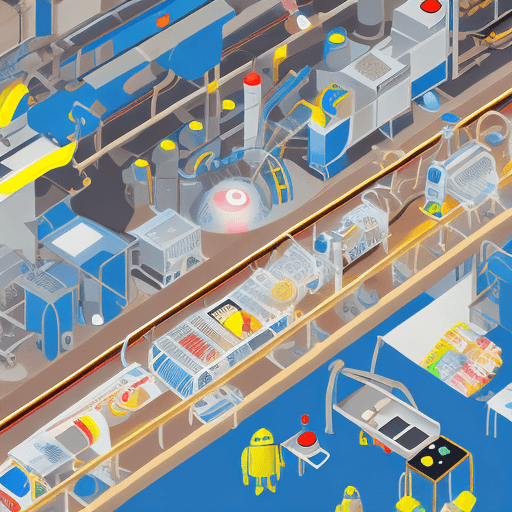 AI generated: Clipart bird's-eye view of a factory conveyor belt, Android robots being assembled, daylight, indire...