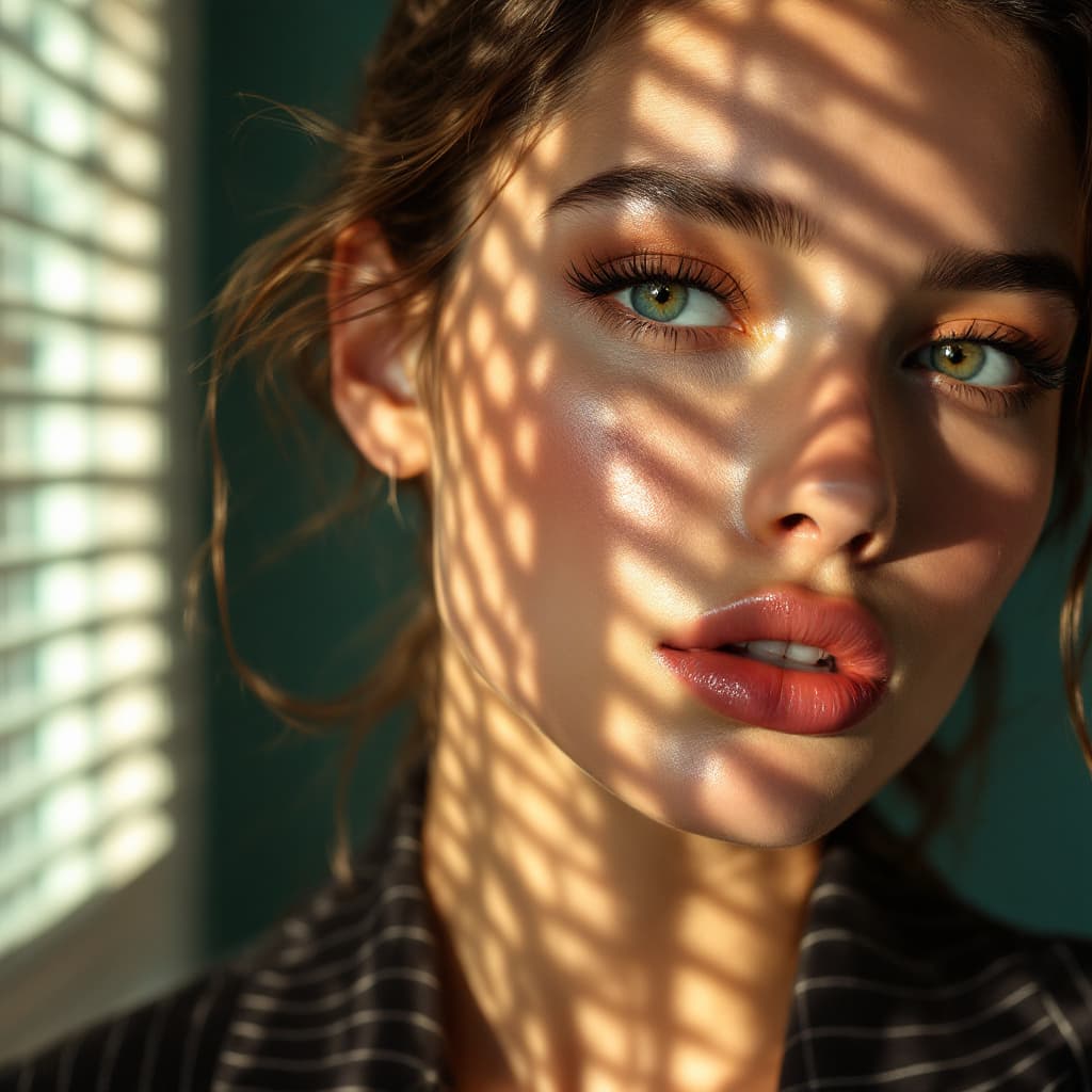 AI generated: Close-up portrait of a young supermodel illuminated by soft, warm afternoon light streaming through ...