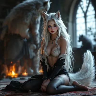 AI generated video: Opening eyes (piercing blue eyes) and looking at camera, reverently, small smile and blush. Tail fli...
