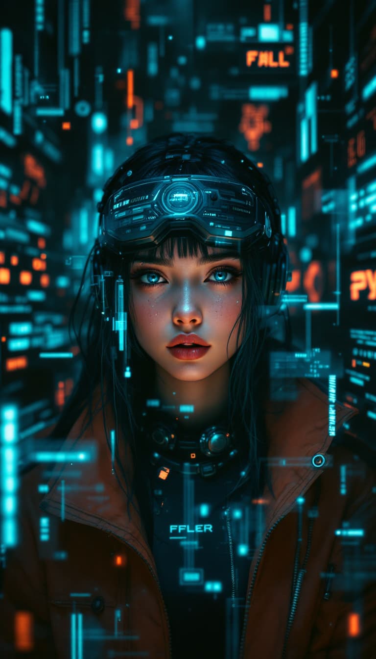 AI generated:  Portrait of a futuristic cyberpunk rebel leader, girl, centered, adorned with revolutionary tech, i...