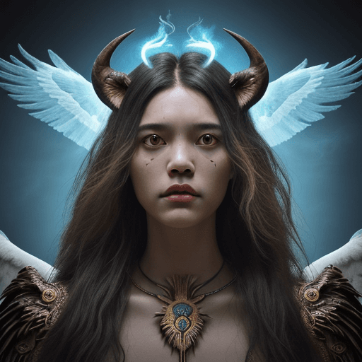 AI generated: Ezekiel 1:1, creature close-up portrait angle, full-length portrait, 4 heads in one, lion head, huma...