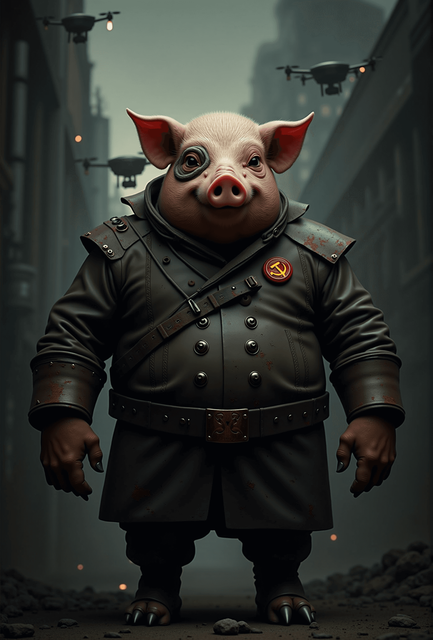 AI generated: Ultra-detailed cinematic portrait of an anthropomorphic cyborg pig, inspired by Napoleon from Animal...