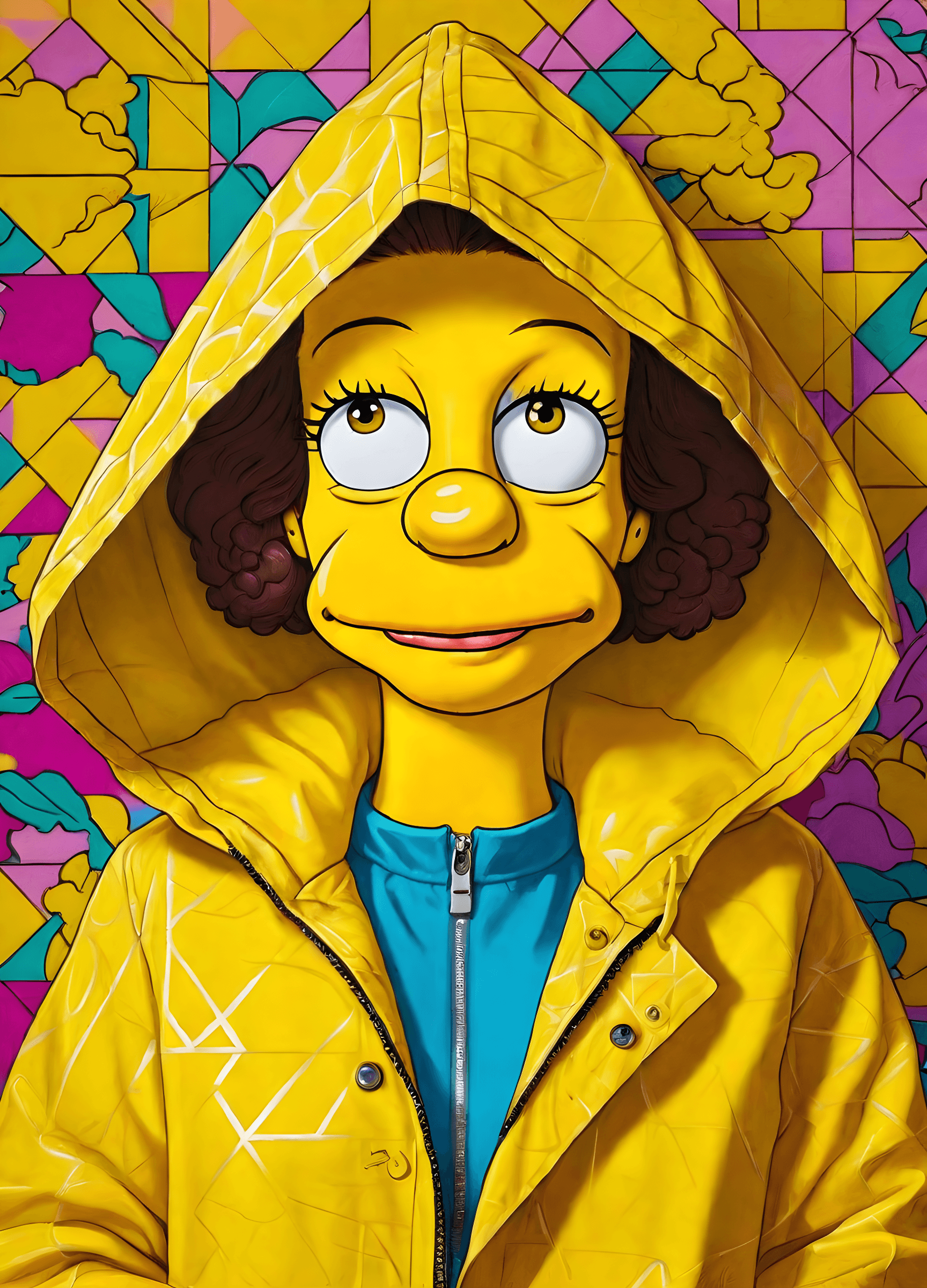 AI generated: Digital painting featuring a female  Simpson standing in front of a decorative background. she is we...
