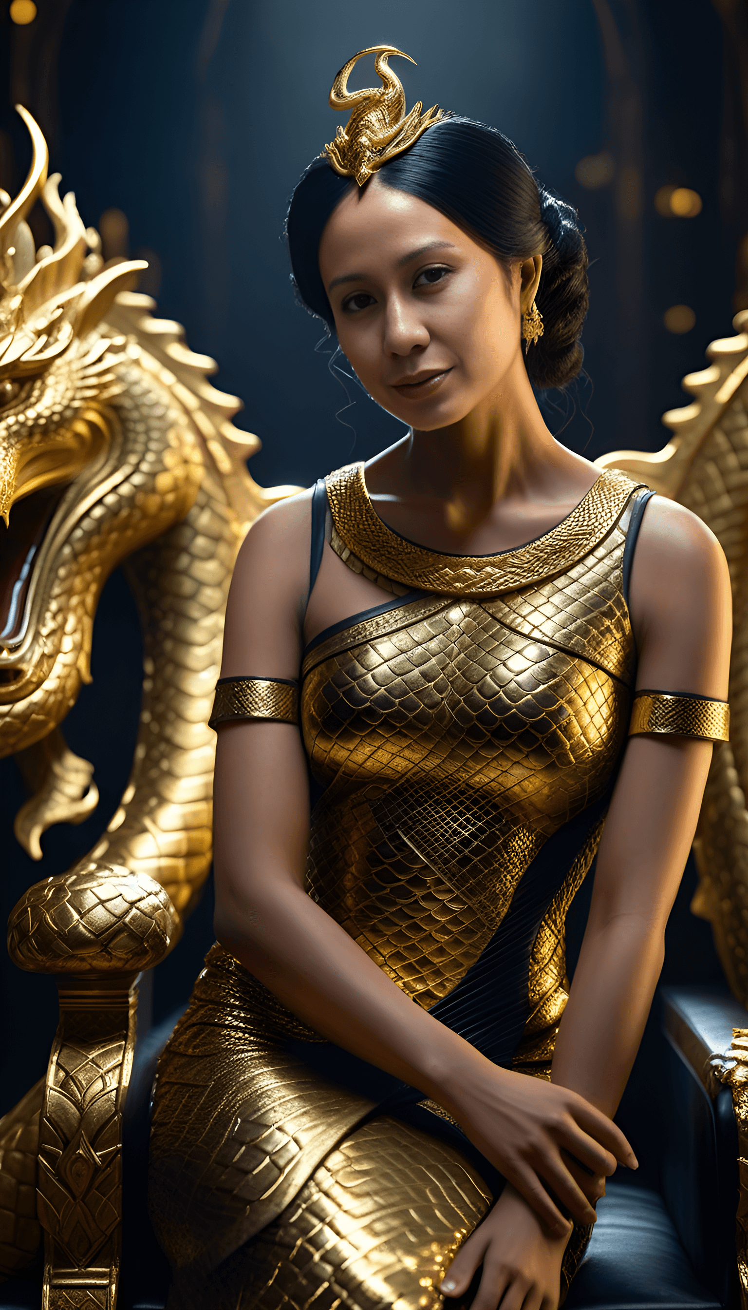 AI generated: A very beautiful queen sitting on a black throne made of gold, with a serpent-dragon like elements a...