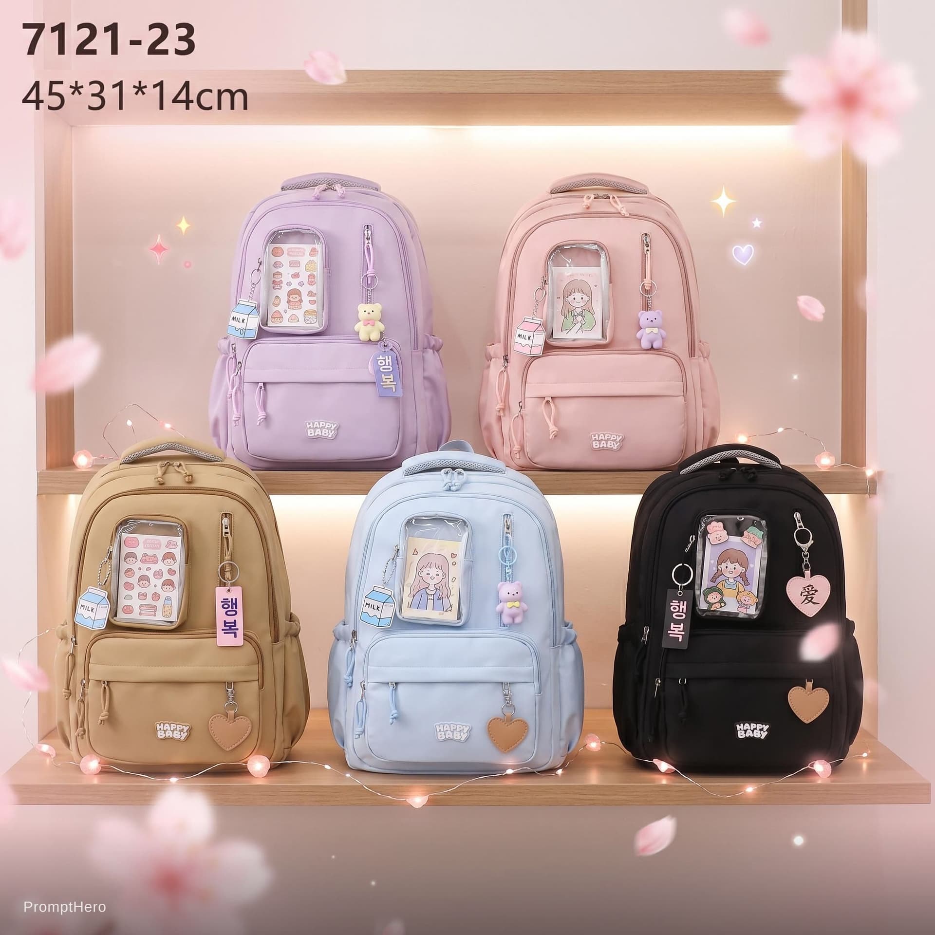 AI generated: Ultra-cute Korean and Chinese aesthetic photoshoot of a school backpack worn by a stylish teenage gi...