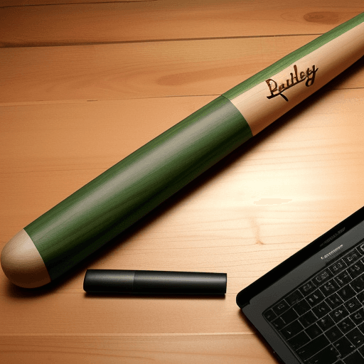 AI generated: A wooden baseball bat from which a lot of green bills are flying from a laptop in all directions