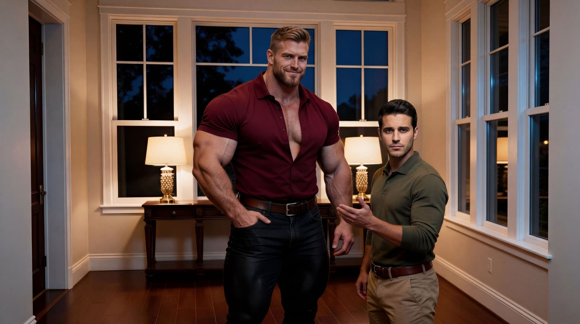 AI generated: Change the face of the model in the green polo shirt, he is looking front. 