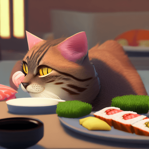 AI generated: Cat eating sushi, thick coating style, highest quality, perfect masterpiece, perfect art, 8K, unreal...