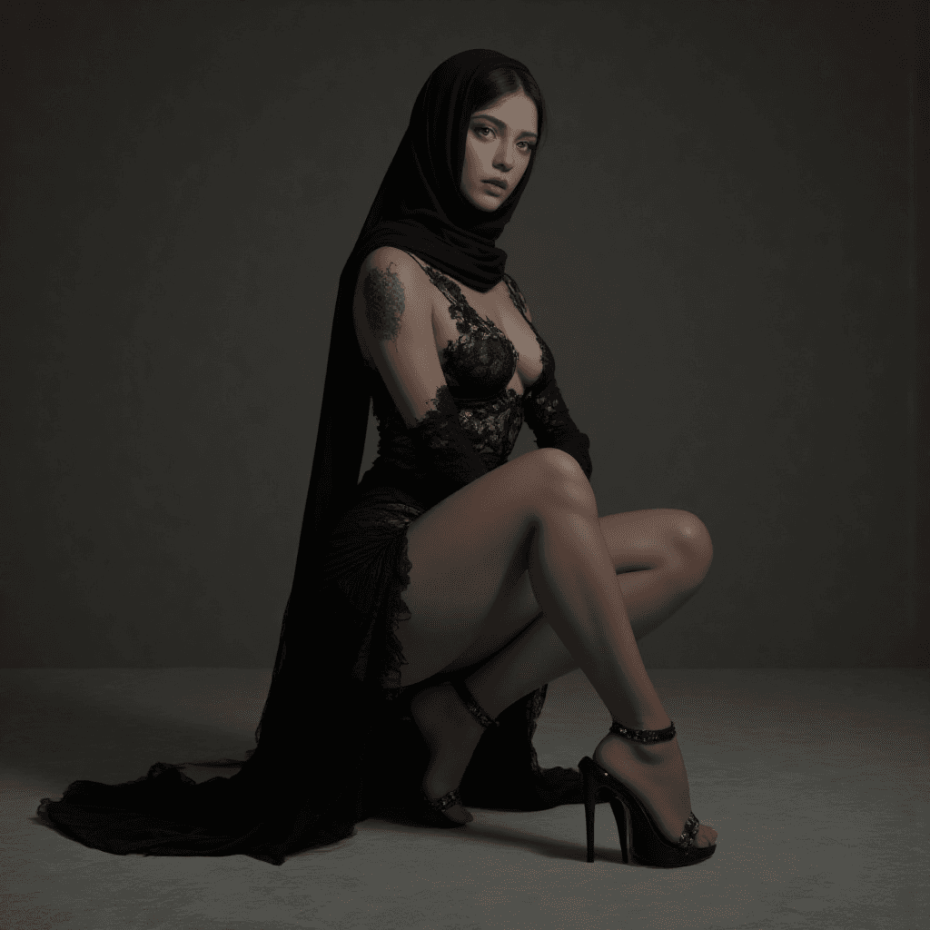 AI generated:  instagram model in black with open high heels, open lace luxury dress, in the style of multi-layere...