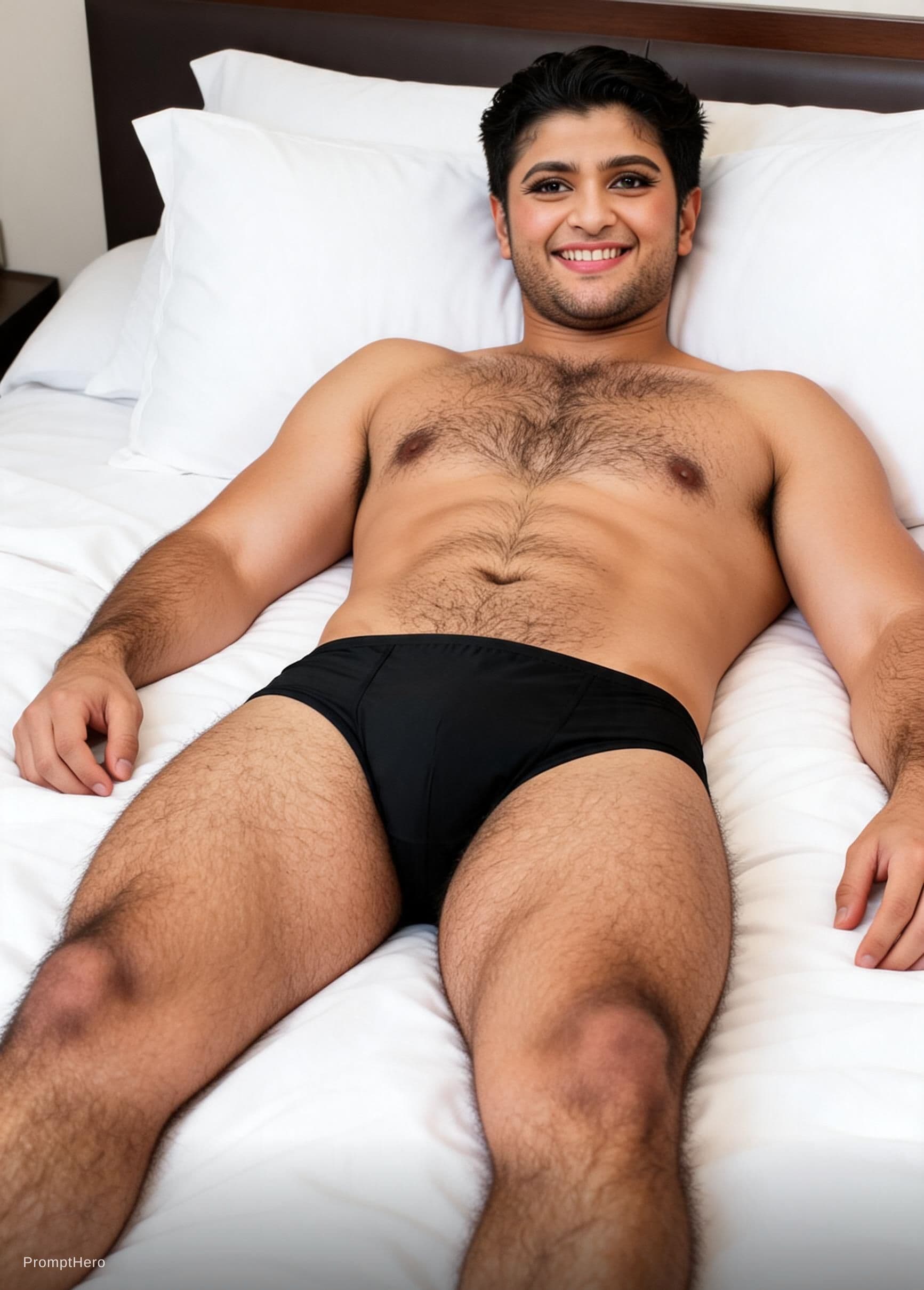 AI generated: hairy menlying in bed in black speedos
