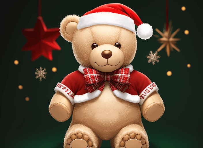 AI generated: Standing smiling Christmas teddy bear 

