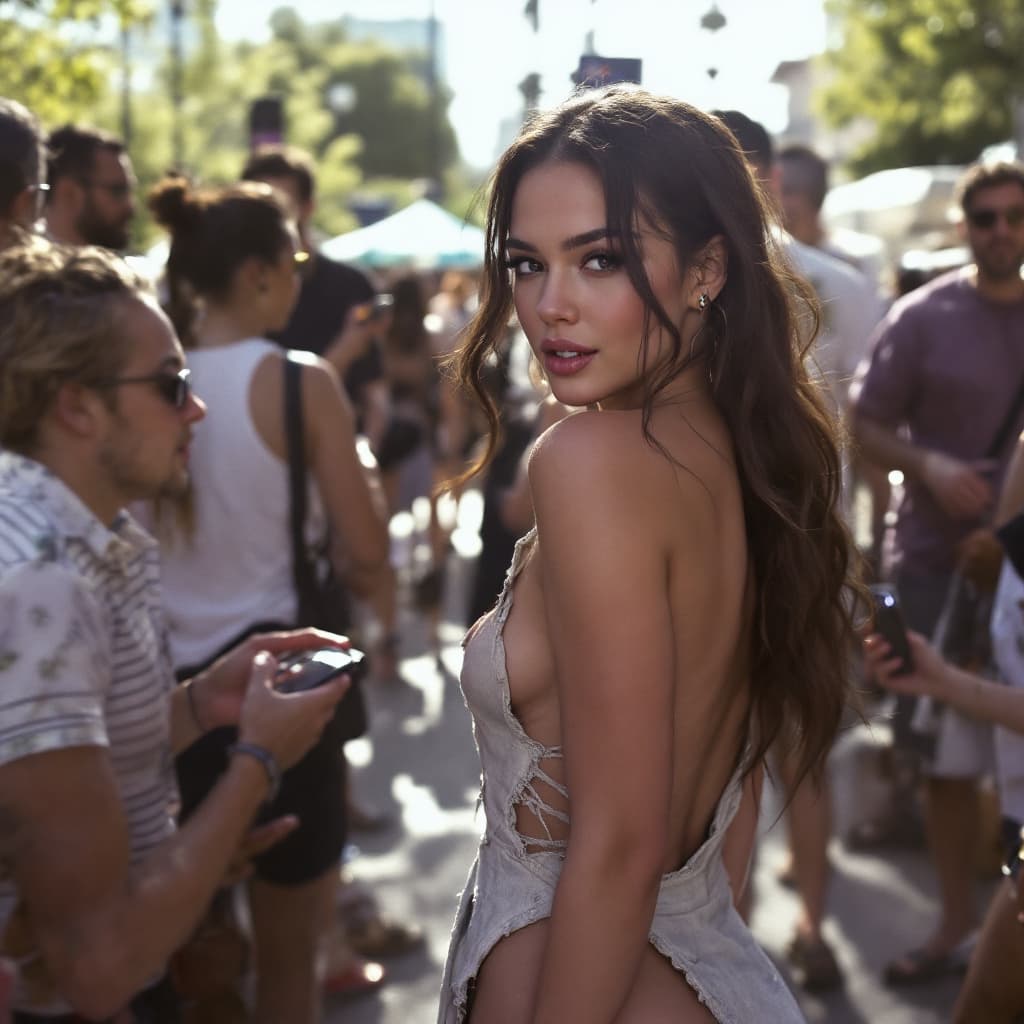 AI generated: casual photo of hailee steinfeld posing for a fan, long one piece casual dress, torn up around rear ...