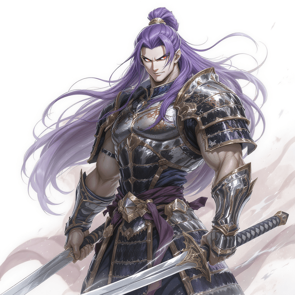 AI generated: Muscular and elegant anime-style samurai warrior character with long, flowing purple hair and a ster...