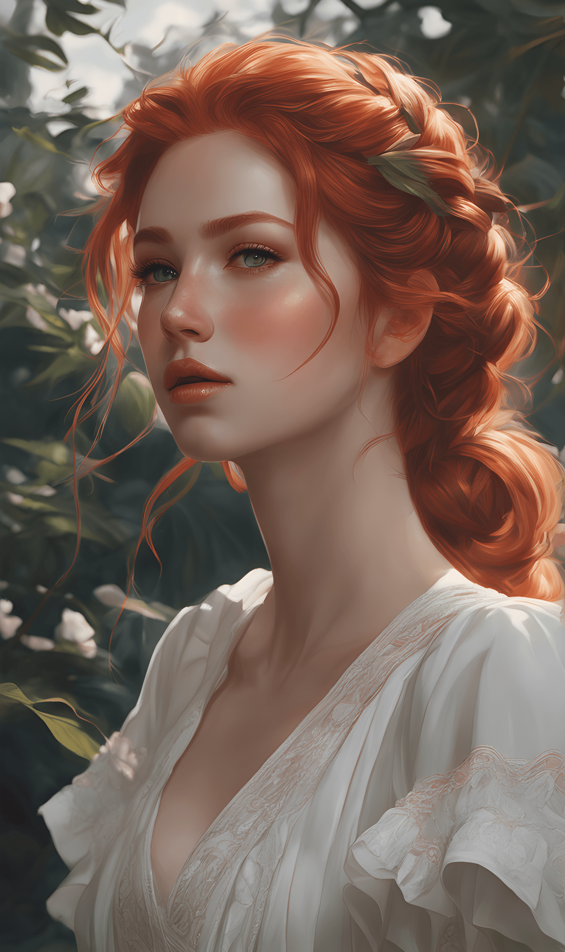AI generated: brown eyes, rutkowski repin, wlop, natural red hair realistic , image of an incredibly beautiful wom...