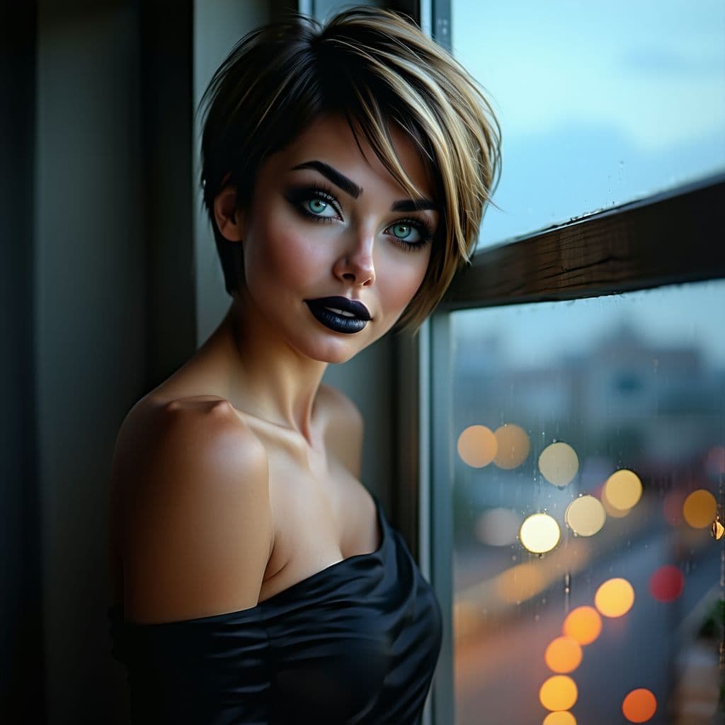 AI generated: HDR photo of beautiful hipster woman, light-blue eyes, mascara, eyeliner, dark cheeks, expressive li...