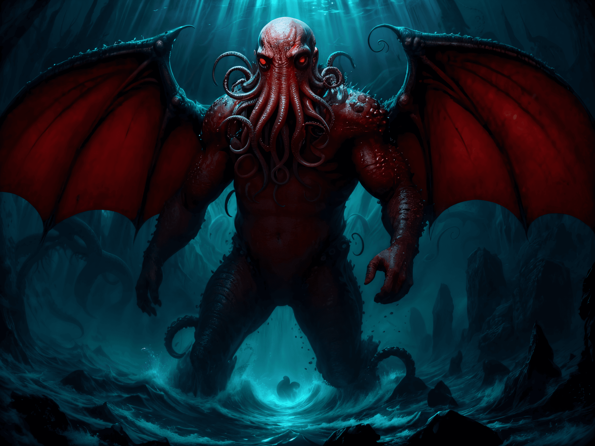 AI generated: (Masterpiece, Award winning, Highest Quality:1.2) full body shot, style of H.P. Lovecraft, (cthulhu:...
