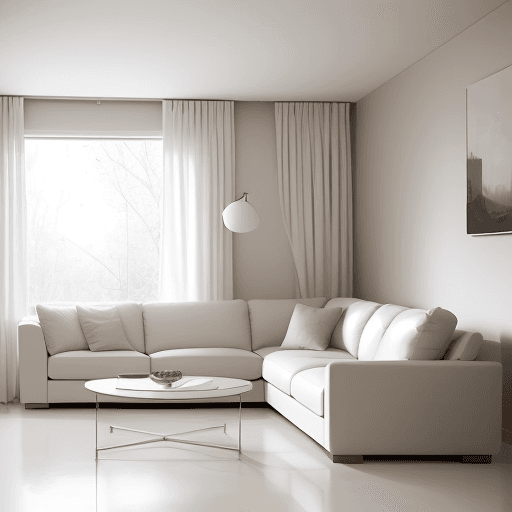 AI generated: Photograph, contemporary living room, soft light of morning, integration of beige flooring and matte...