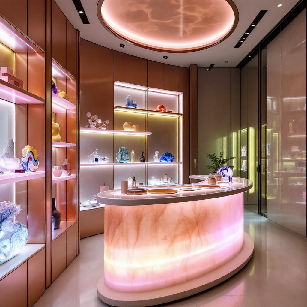 AI generated: photography, envision a futuristic retail gallery where functionality meets art, shelves, instead of...