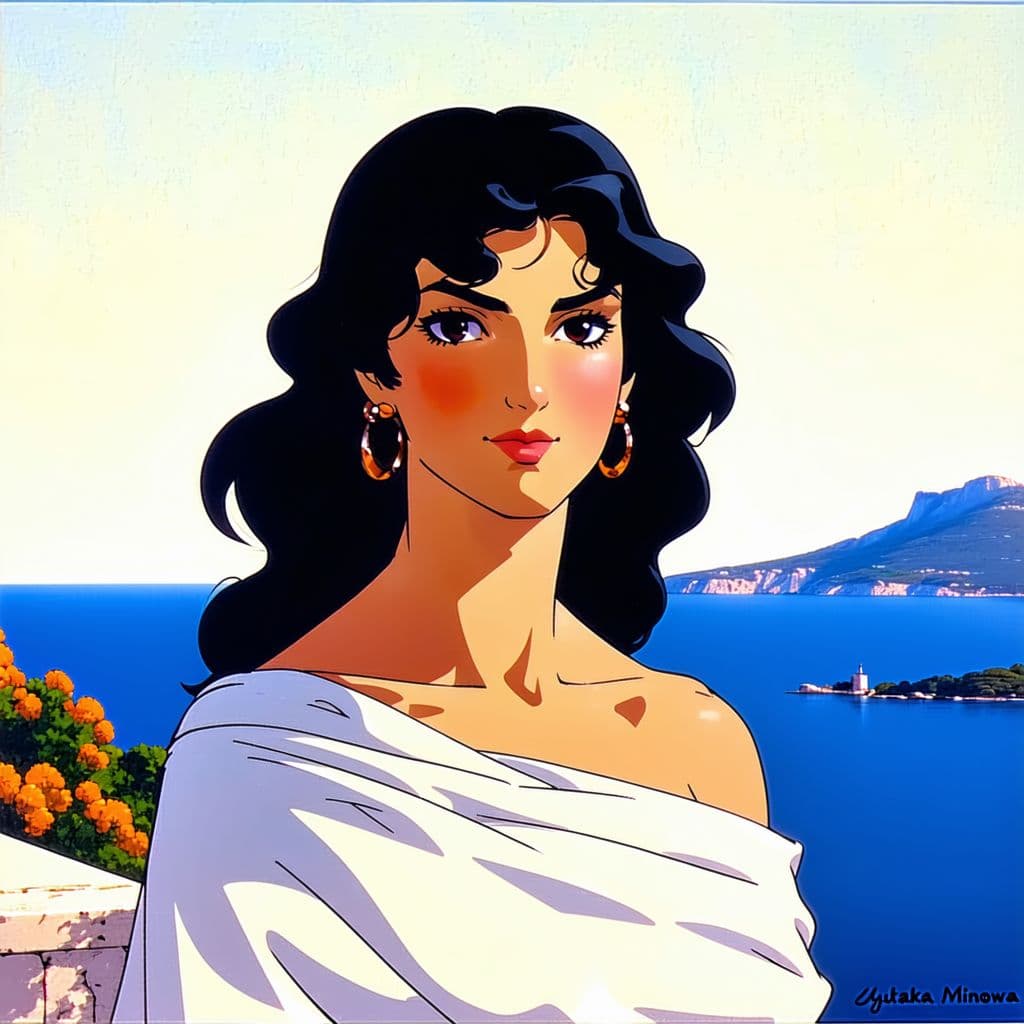 AI generated: A 1989 Greek woman. Full portrait. Anime art by Yutaka Minowa, Yoshiaki Kawajiri. 1989 --v 6.0 