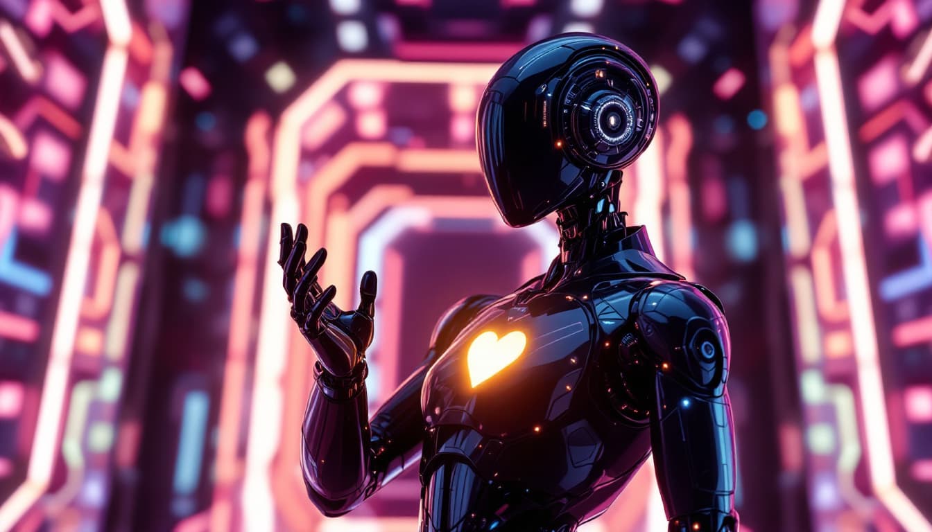 AI generated: A futuristic humanoid robot stands in a sleek, neon-lit environment, its glossy black surface glimme...