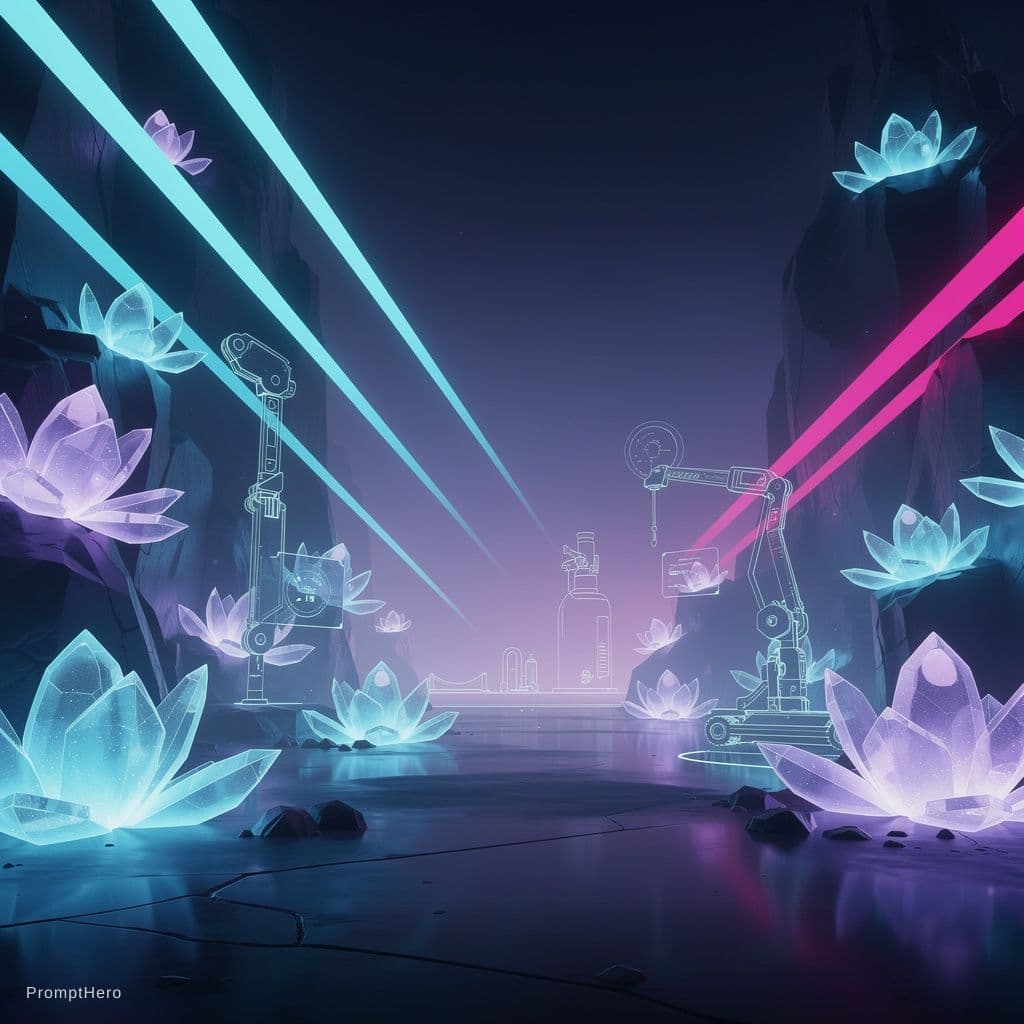 AI generated: futuristic digital energy mine interior, deep navy blue and purple gradient background, 
diagonal gl...