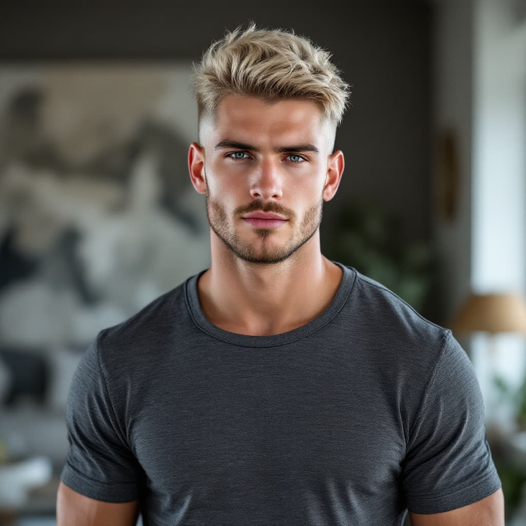 AI generated: High-resolution shot of a 25-year-old white American man, bleach-blonde undercut, fitted luxury T-sh...