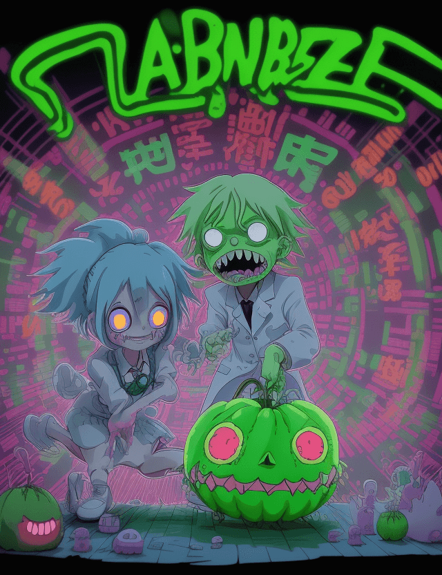 AI generated: (Dr.zombie and cute digital melon in Lab ) , cartoon style, with a friendly. the background is zombi...