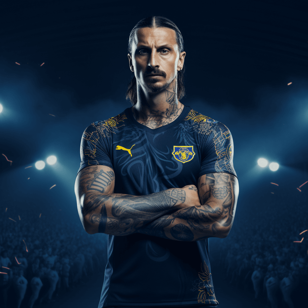 AI generated: mega realistic zlatan ibraimovic, with tattoos, full body, sweden equipation authentic, 8k, f/1.8, g...
