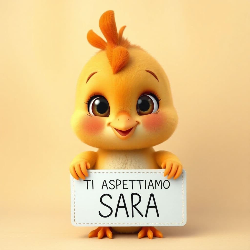 AI generated: Un design in stile cartone animato 3D di una baby cicogna con sorregge un cartello con il nome "TI A...